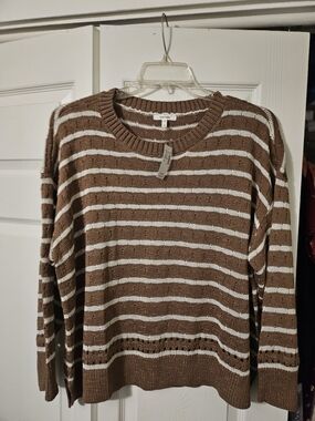 Maurices Brown and White Striped Crewneck Sweater